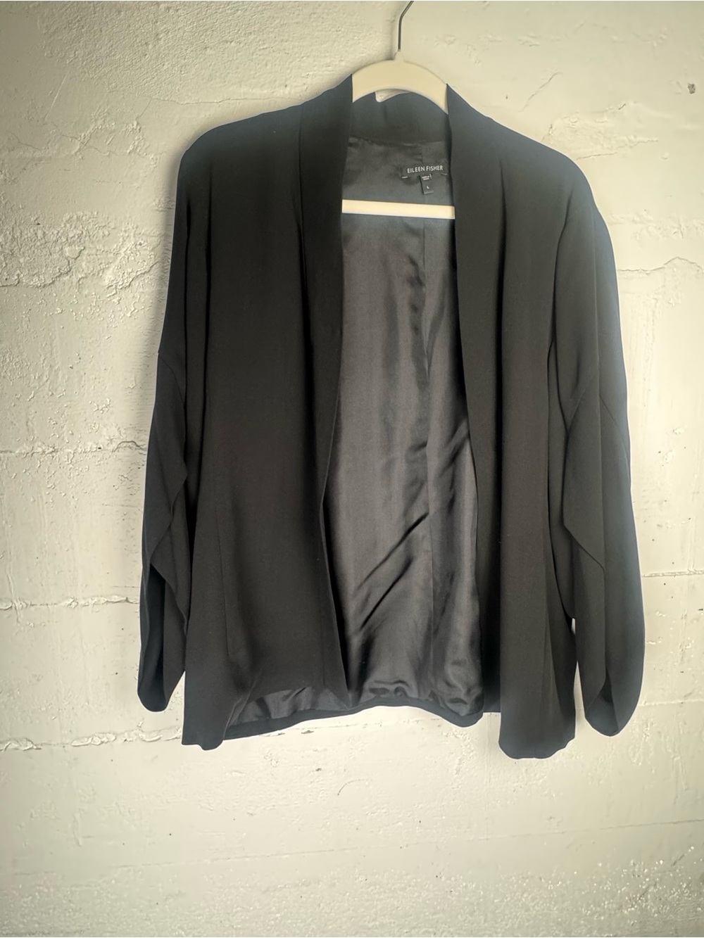 Eileen Fisher 100% Silk Black Open-Front Relaxed Blazer Cardigan Slit Sleeve L